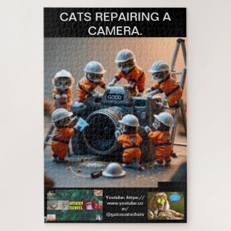 Puzzle Cat puzzles, wearing uniforms, repairing a camera.
