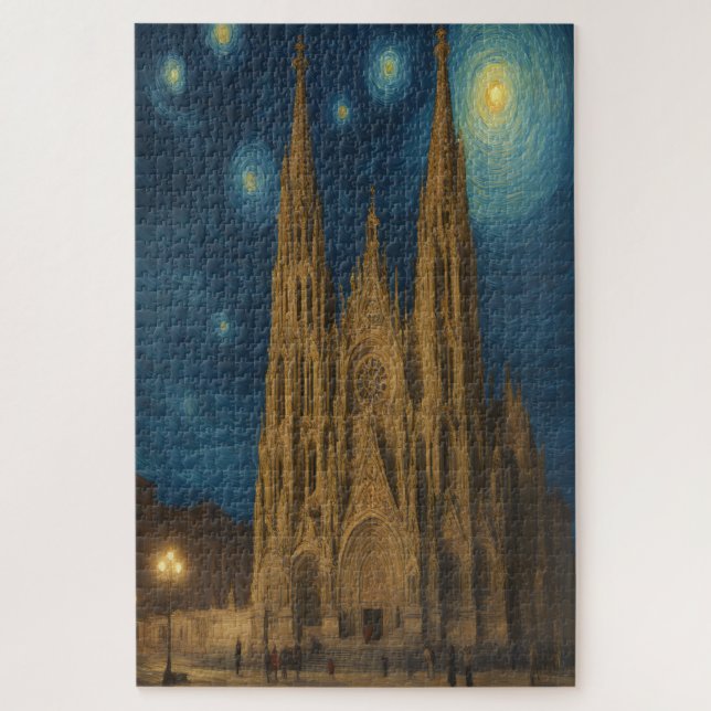 Puzzle Cathédrale de Barcelone à Night van Gogh Style (Vertical)
