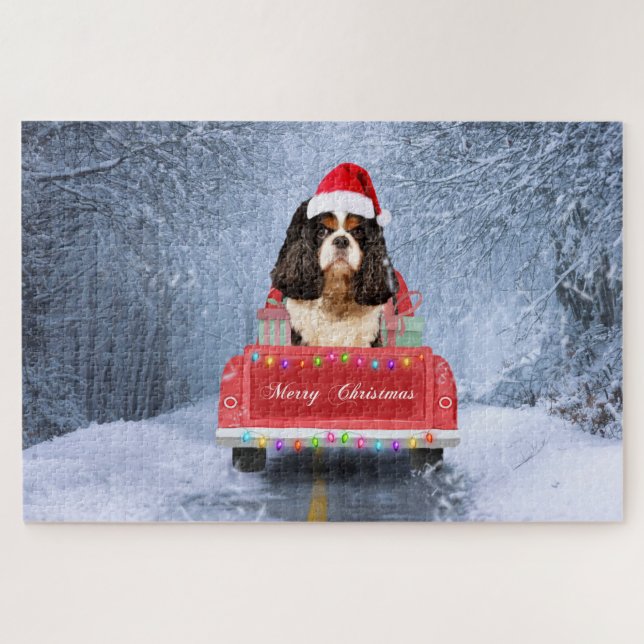 Puzzle Cavalier King Charles Spaniel Chien neige noël (Horizontal)