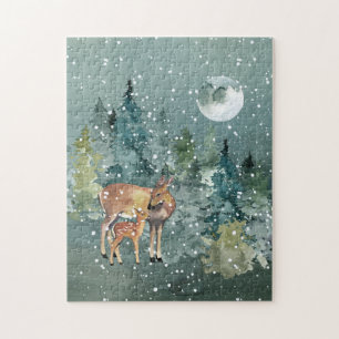 Puzzle Cerf et Faon Forêt Pleine Lune Chute de Neige