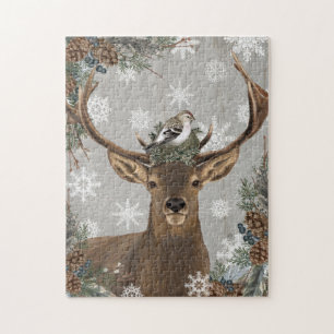 Puzzle cerfs communs rustiques vintages modernes d'hiver