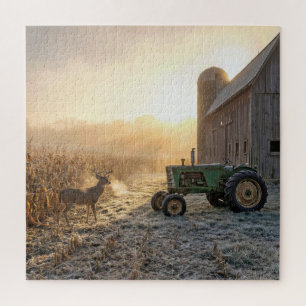 Puzzle Cerfs dans la brume matinale avec tracteur agricol
