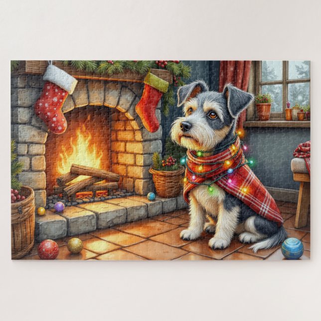 Puzzle Cesky Terrier Fireplace with Christmas Lights (Horizontal)