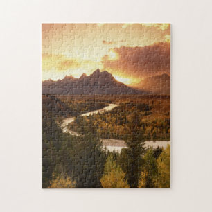 Puzzle Chaîne Teton au coucher du soleil, depuis la riviè