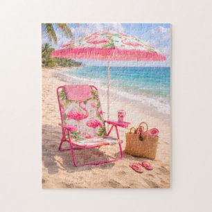 Puzzle Chaise de plage et parasol sur le thème du flamant
