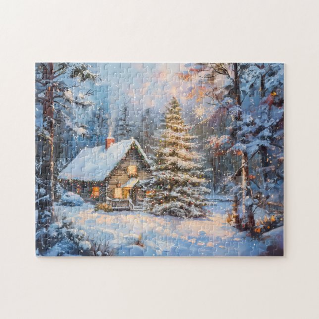Puzzle Chalet Cosy d'Hiver avec Arbre de Noël (Horizontal)