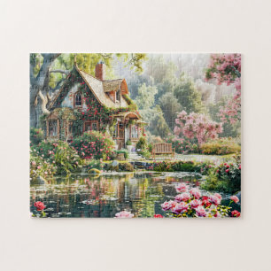 Puzzle Chalet Whimsical avec Rhododendrons et Étang