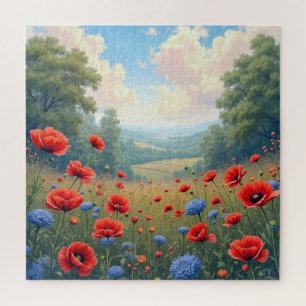 Puzzle Champ de coquelicots et de dahlias