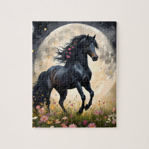 Puzzle Champ de fleur de lune de cheval noir,
