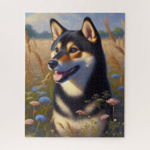 Puzzle Champ de Fleur sauvage noir et Tan Shiba Inu