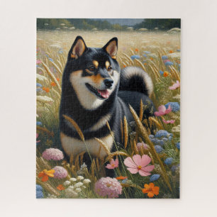 Puzzle Champ de Fleurs sauvages de chiens de Shiba Inu Bl