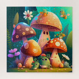 Puzzle Champignons fleurs vertes dans le champ