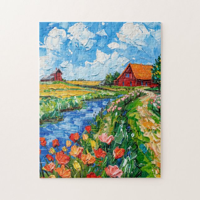 Puzzle Champs de tulipes avec grange et ruisseau, peintur (Vertical)
