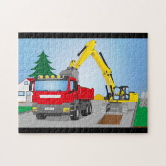 Puzzle Chantier routier avec camion rouge et excavateur j