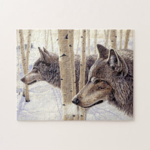 Puzzle Chasse à deux loups en hiver peinture acrylique de