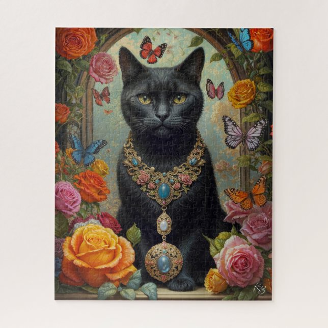 Puzzle Chat à cheveux noirs avec bijoux et papillon (Vertical)