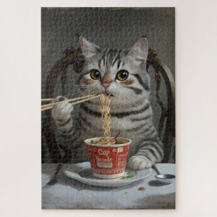 Puzzle Chat À Rayures Profitant Des Nouilles De Coupe