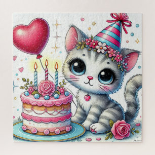 Puzzle Chat adorable célébrant son anniversaire avec un g