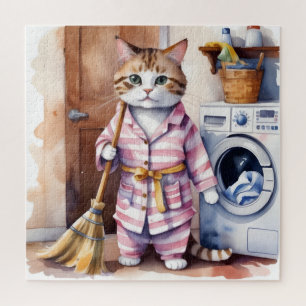 Puzzle Chat adorable en pyjama Faire la blanchisserie Drô