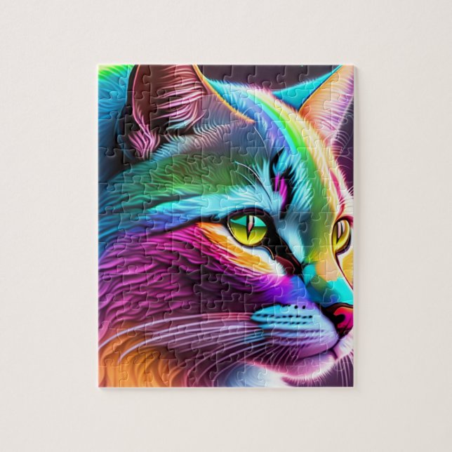 Puzzle Chat Arc-En-Ciel Avec Lumières Néon, Chat Coloré (Vertical)