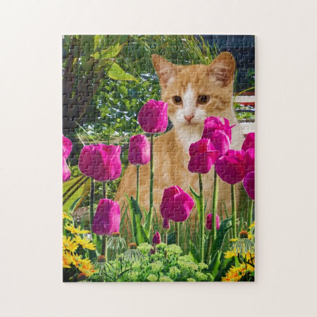 Puzzle Chat au gingembre dans le jardin de Tulip (Vertical)
