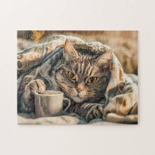 Puzzle Chat avec café et livre dans une couverture confor