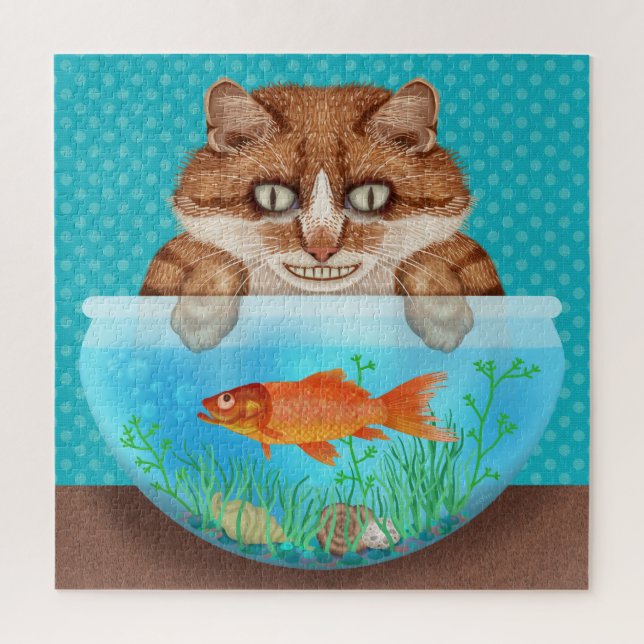 Puzzle Chat avec Goldfish Bowl Funny Hungry Grinning Kitt (Vertical)