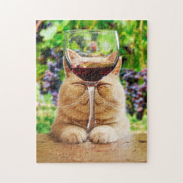 Puzzle Chat avec verre de vin (Vertical)