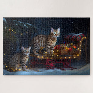 Puzzle Chat Bengal Noël Traîneau enneigé Décoration de No