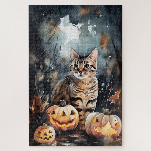 Puzzle Chat Bengale D'Halloween Avec Peur Citrouille (Vertical)