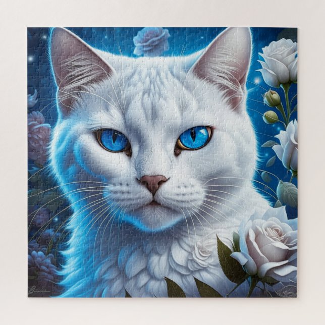 Puzzle Chat blanc aux yeux bleu clair Floral (Vertical)