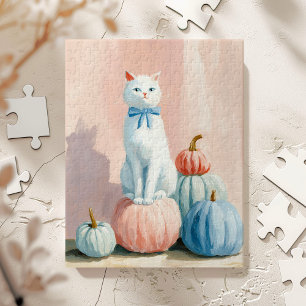 Puzzle Chat Blanc d'Automne avec des Citrouilles