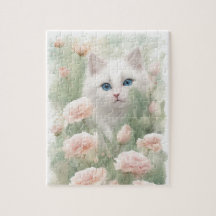 Chat blanc et fleurs roses