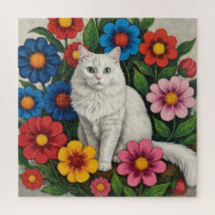 Puzzle Chat Blanc Fluffy et Fleurs d'Art Populaire