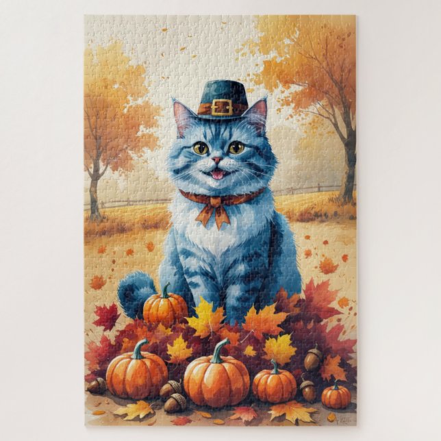 Puzzle Chat Bleu Oriental À L'Automne Feuilles Thanksgivi (Vertical)
