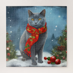 Puzzle Chat bleu russe à Noël de neige