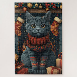 Puzzle Chat Bleu Russe avec cheminée et cadeaux de Noël