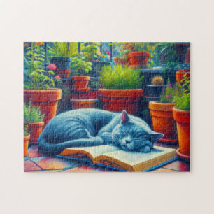 Puzzle Chat bleu russe dormant sur une peinture de livre
