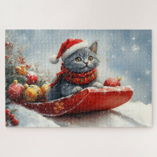 Puzzle Chat bleu russe en sangle laissez-le neiger Noël