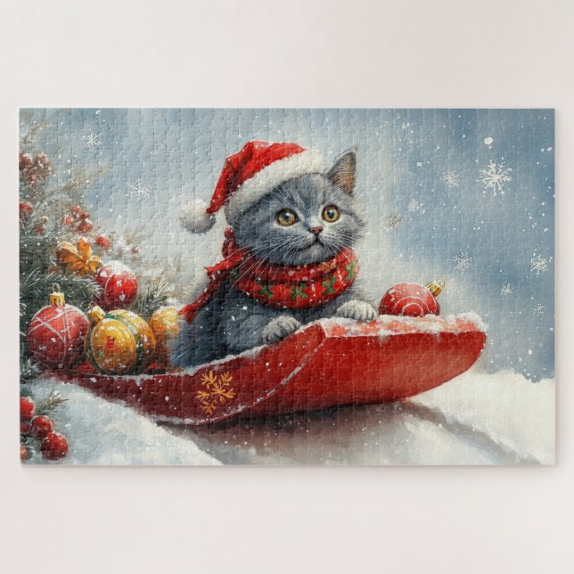 Puzzle Chat bleu russe en sangle laissez-le neiger Noël (Horizontal)