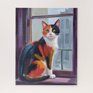 Puzzle Chat calico   Animal de compagnie sur le rebord de