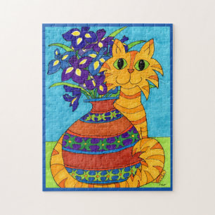 Puzzle Chat coloré Irises Fleurs Vase Cartoon Art popula