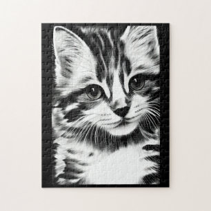 Puzzle Chat contemplant en voix de chaton noir et blanc
