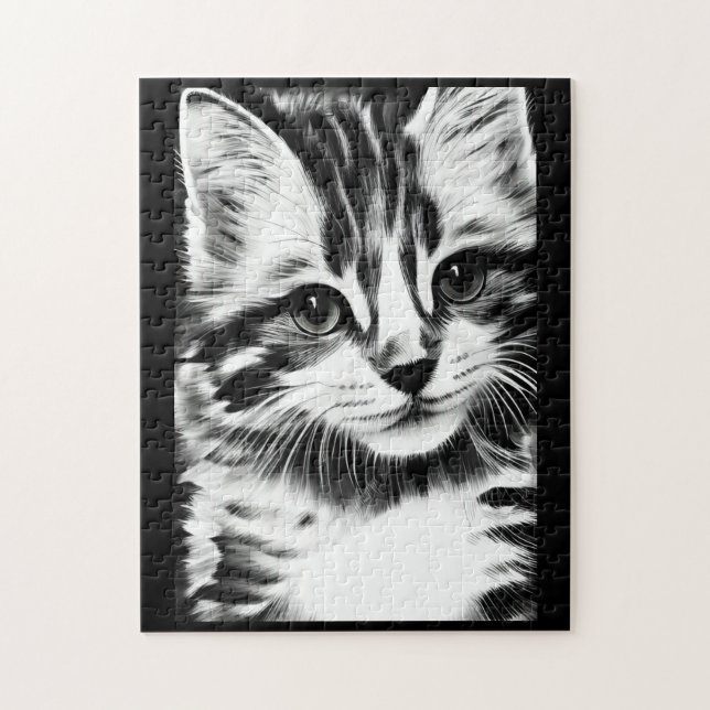 Puzzle Chat contemplant en voix de chaton noir et blanc (Vertical)