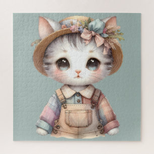 Puzzle Chat Cottagecore au look Pastel en Salopette & Cha