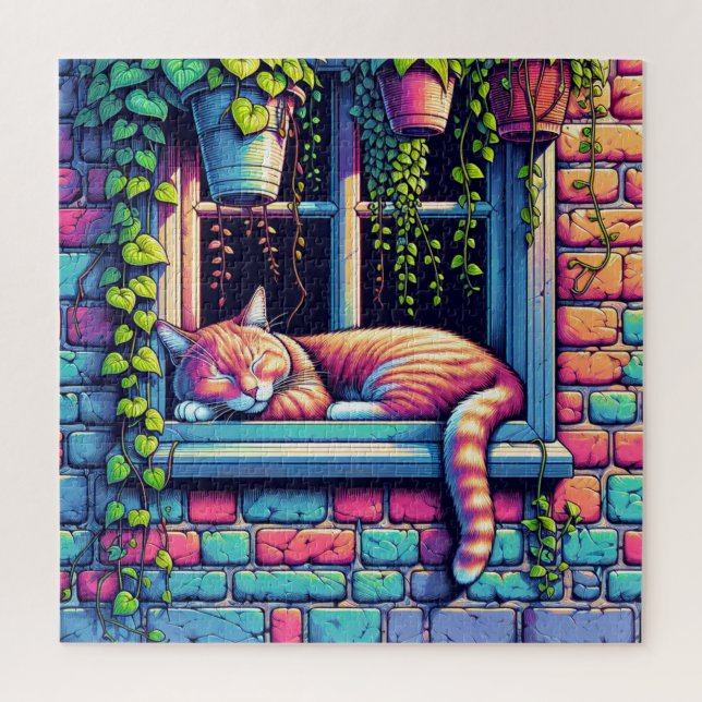 Puzzle Chat couché dans la fenêtre Sill Ai Art (Vertical)