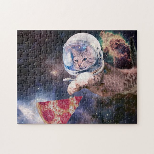 Puzzle Chat d'astronaute chassant une tranche de pizza (Horizontal)