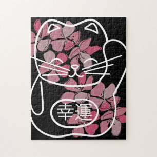 Puzzle Chat de bonne chance japonais avec fleurs Sakura r