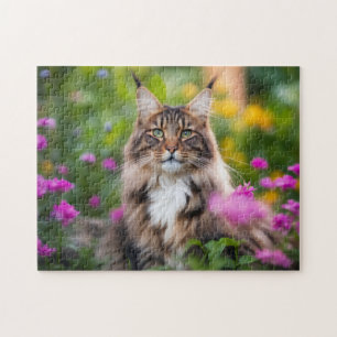 Puzzle Chat de Maine Coon en champ de fleurs
