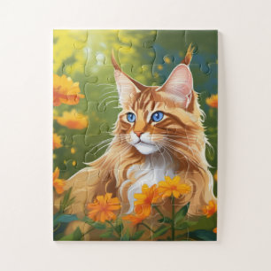 Puzzle Chat de Maine Coon en champ de fleurs